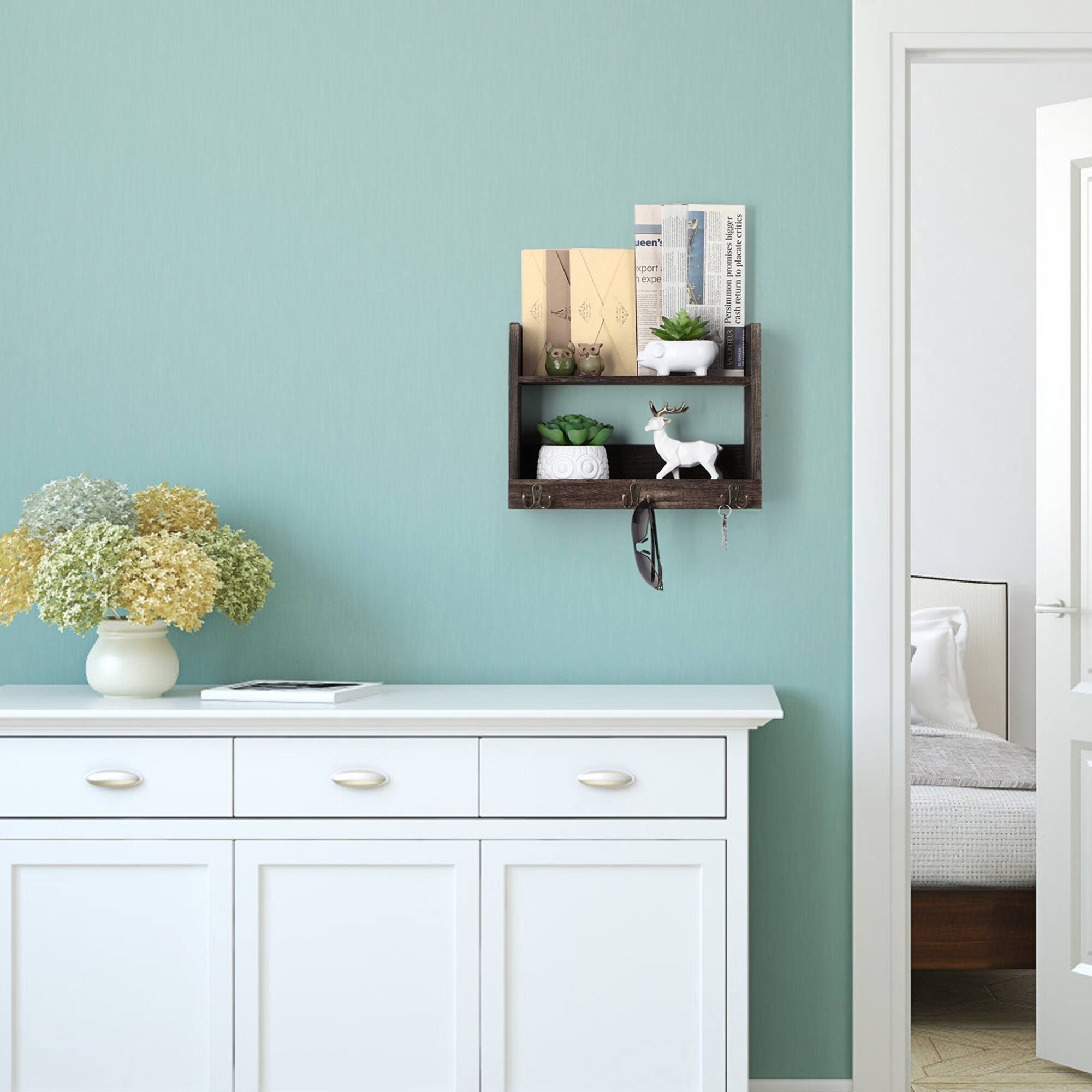 Rustic Wood Floating Storage Shelf with 3 Hooks